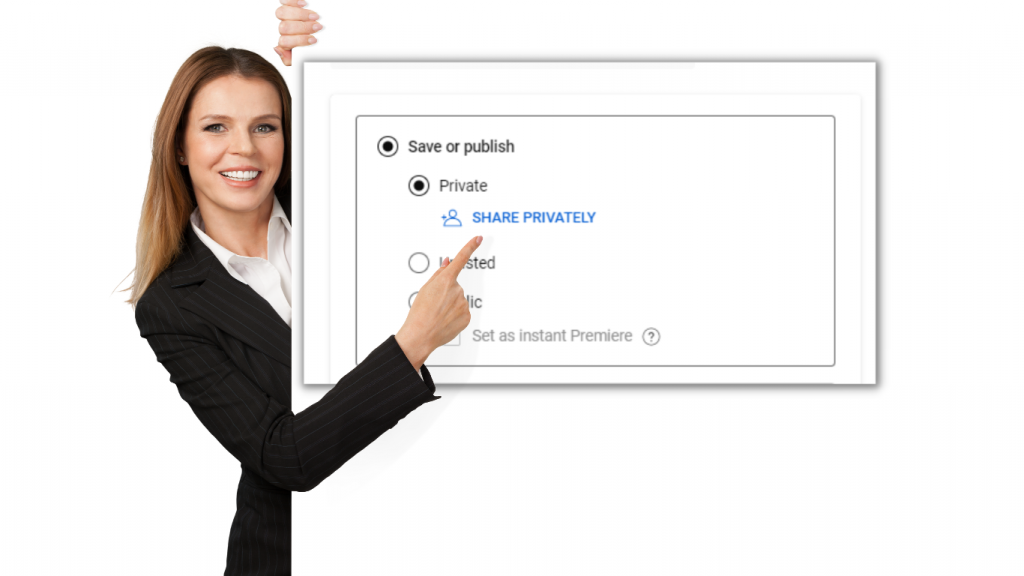 this is a woman showing the youtube users settings for private youtube channel or public settings on your first youtube video