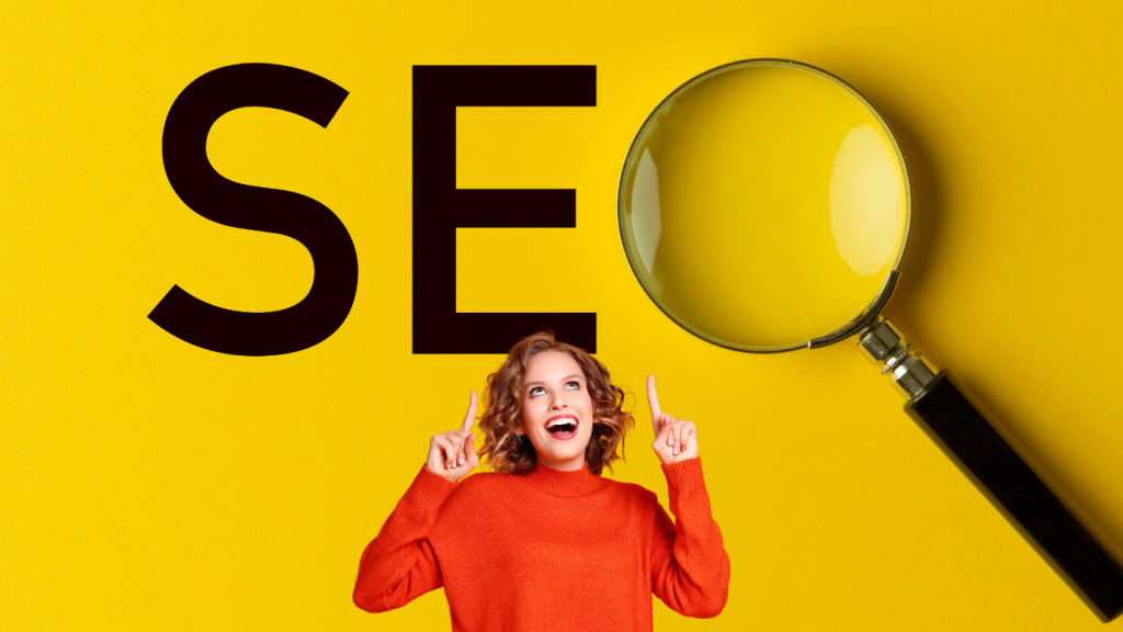 A woman pointing up to a text about SEO.