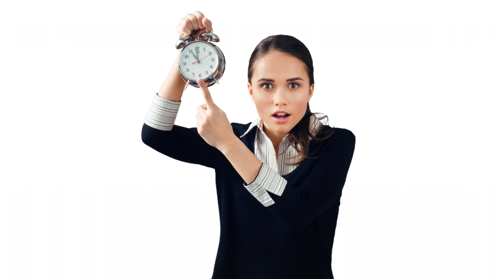 A woman holding a watch time