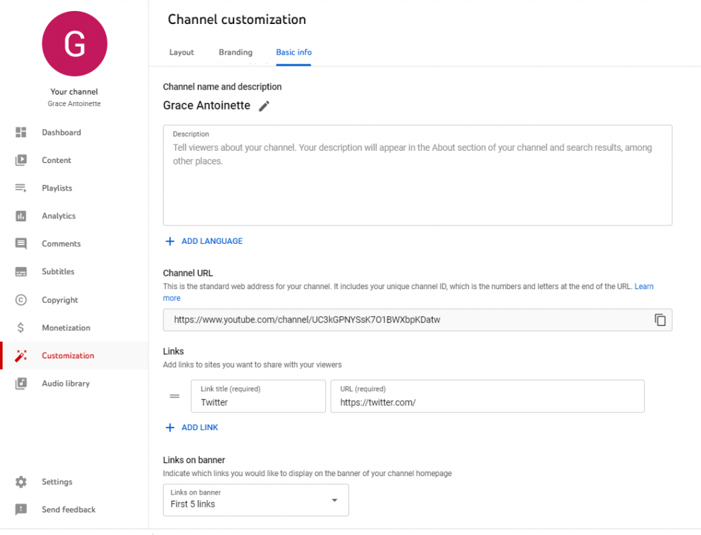 This is a Youtube Channel Customization page where you can see the Basic Info page to update your channel name description banner links and email address