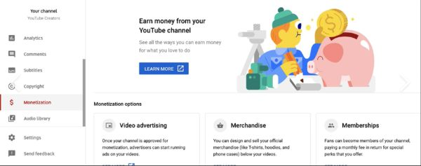 This is a YouTube Channel page where you can see different tabs for monetization