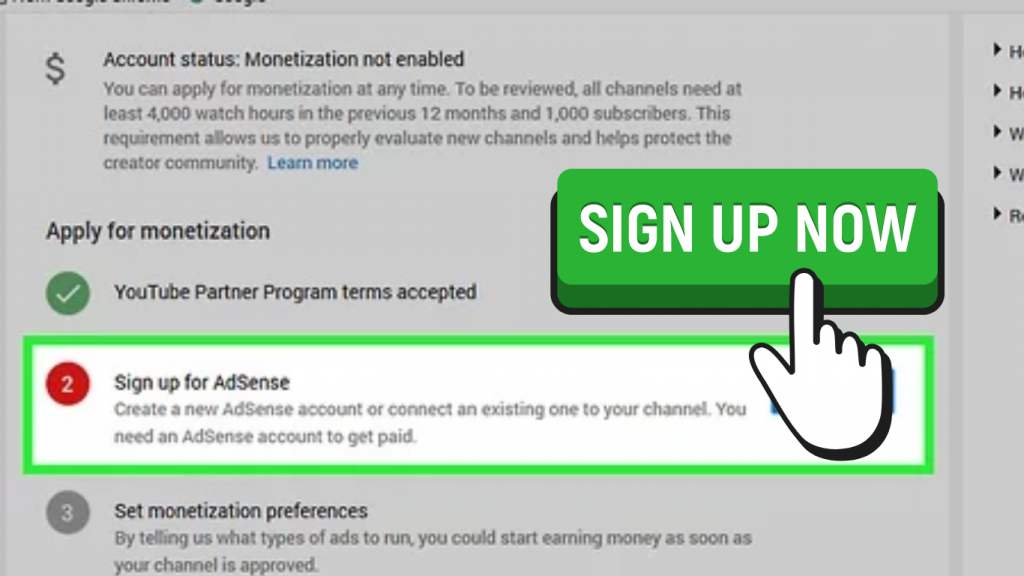 This is a YouTube Channel page where you can see the sign up for monetization