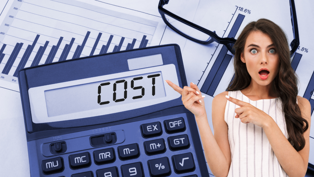 This is a woman with a calculator showing the costs