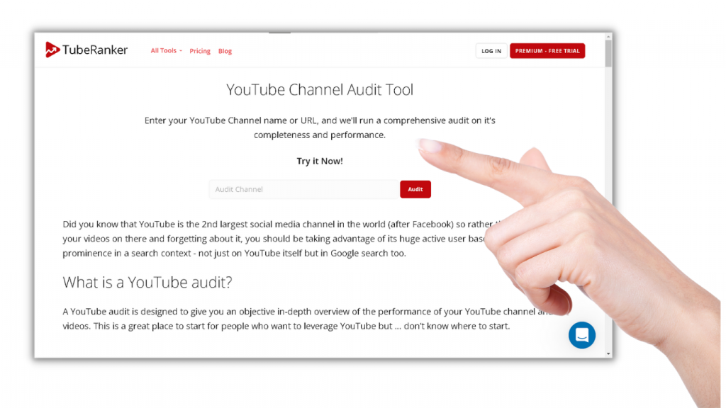 This is a sample of the Youtube Audit Tool where you can enter a Youtube Channel name or URL to run an audit report