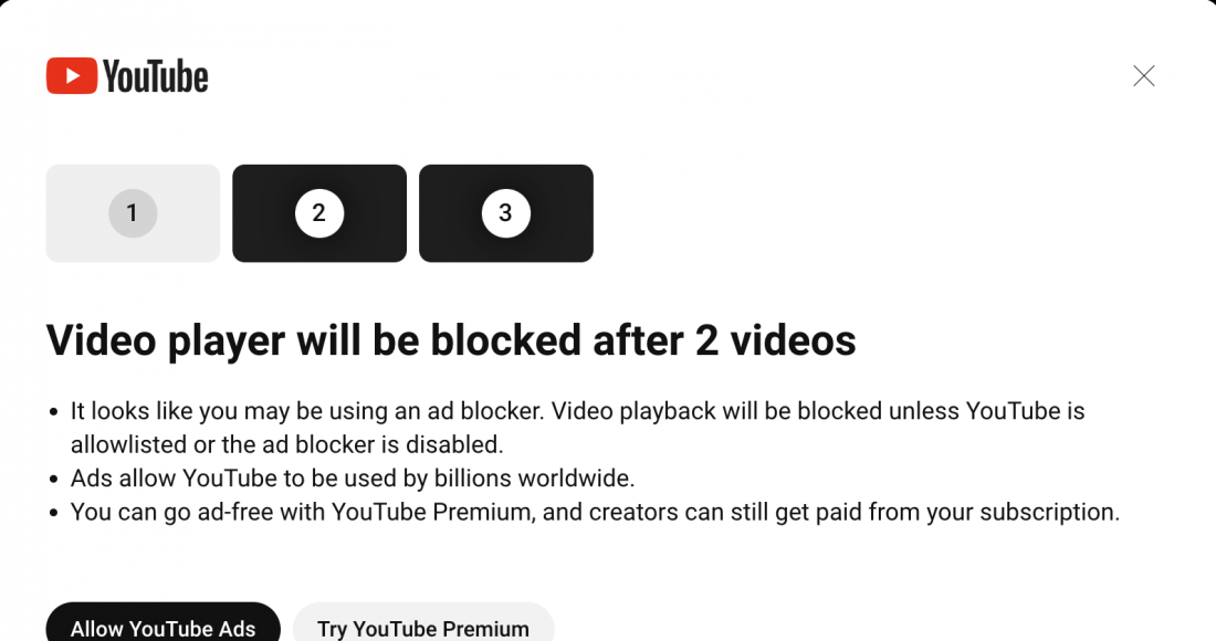 Video player will be blocked after 2 videos screenshot from youtube